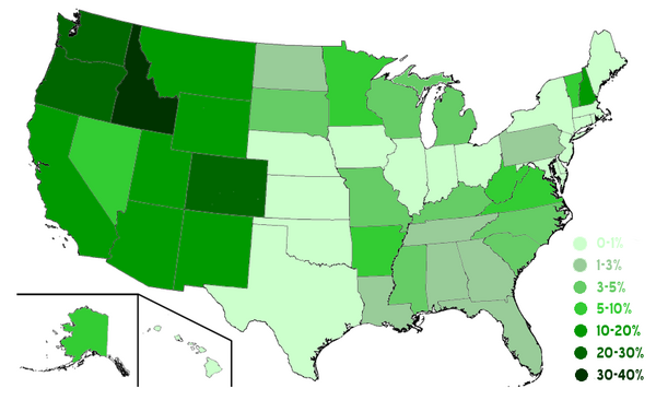 More than 80% of the 193 million acres (780,000 km2) of land managed by the United States Forest Service is in the western states. This map shows USFS lands as a percentage of total land area in each state.