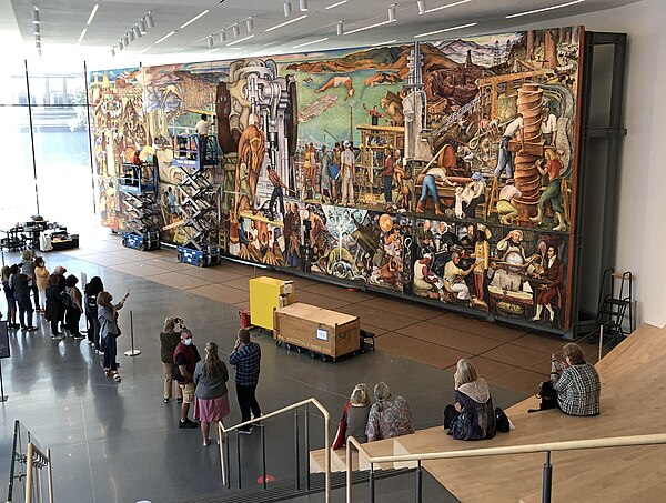 Diego Rivera's Pan American Unity mural (1940) under restoration in the Roberts Family Gallery at SFMOMA, July 19, 2021