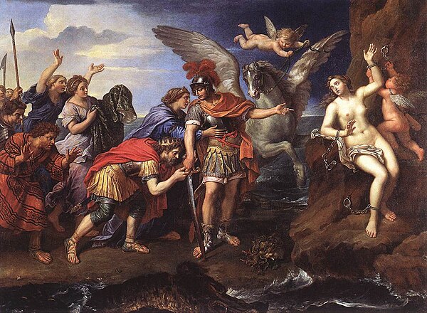 The king of Ethiopia Cepheus and the queen Cassiopeia thank Perseus for freeing their daughter Andromeda, La Délivrance d'Andromède (1679)  Pierre Mignard, Louvre