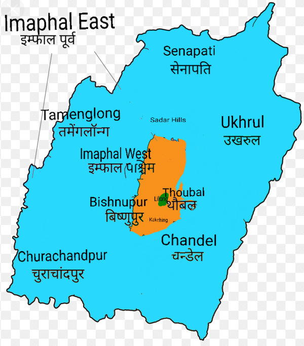Map of the religious distribution in Manipur. Meitei Hindus (orange) and Meitei-Pangal Muslims (green) are predominant in the dense urban valley region, whereas Christians (blue) predominate in the sparsely populated tribal hilly regions